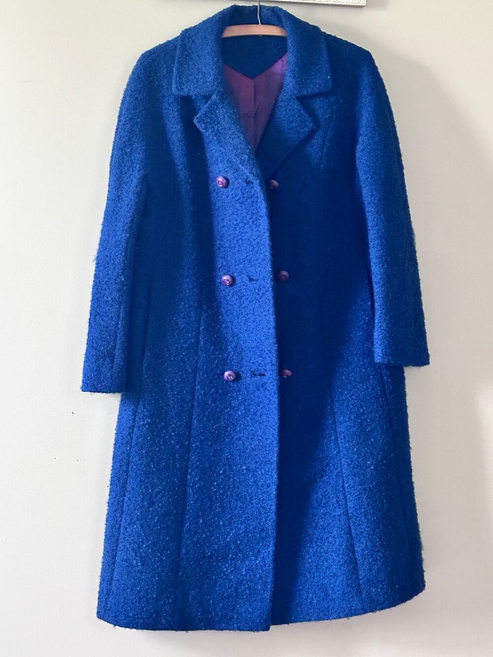 1960 Belsen Navy Blue Boucle Wool Double Breasted Midi Coat
